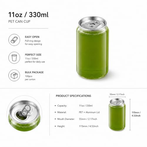 Image of 11 oz PET Plastic Can Cups with Easy Open Lids, 100 Pack, Clear Disposable Beverage Cups, Compatible with 55mm Cup Diameter Can Sealing Machines for Juice, Soda, Iced Coffee and Bubble Tea