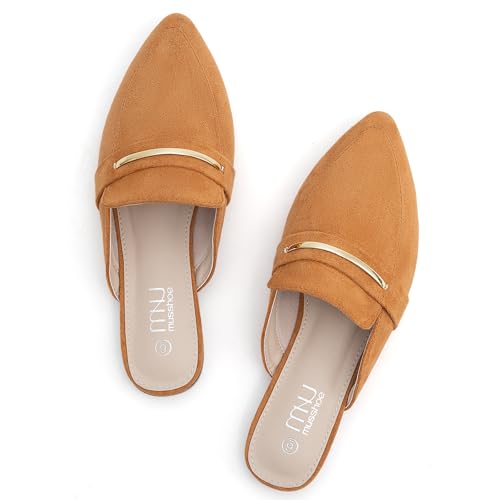 Image of MUSSHOE Mules for Women - Suede Slip On Backless Loafers with Cushioned Insole and Non-Slip Sole, Pointed Toe Flats for Office Work Business Casual