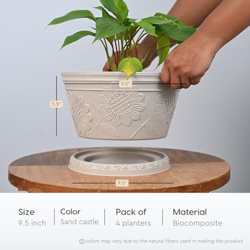 Image of Eha Earth Friendly Nile Planter 9.5 inch Planters for Home Decor| Bamboo Based Plant Pot | Pack of 4 | UV Protected Pot for Plant | Flower Pot for Living Room, for Outdoor and Indoor | Sand Castle
