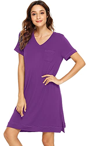 WiWi Viscose from Bamboo Nightgowns for Women Short Sleeve Sleep Shirt V Neck Nightgown Plus Size Sleepwear S-4X,3