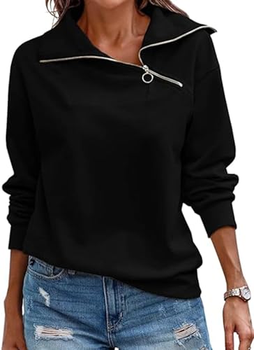 Cuptacc Damen Pullover Herbst Quarter Zip Langarm Rollkragen Sweatshirts Casual Einfarbig Oberteile Damen Elegant Schwarz, Groß L 42-44