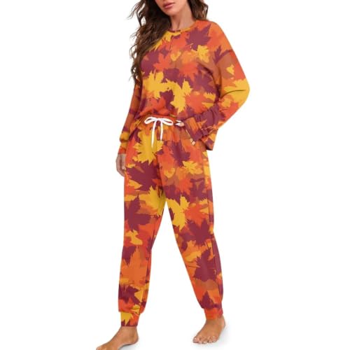 Image of Womens Lounge Set Long Sleeve Soft Pajama Sets | Casual 2 Piece Pj Outfit, Crewneck Sleepwear with Pockets, Adjustable Drawstring, Soft Comfy Fall Pajamas, Plus Size