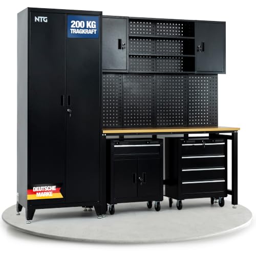 NTG XL Werkstattwand Komplett-Set 210 cm Werkbank mit Werkstattwagen-Elementen & Lochwand Modulare Werkstatteinrichtung mit Werkzeugschränken 25 mm Holzarbeitsplatte 200 kg Traglast