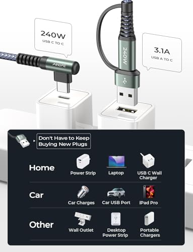Image of AINOPE 240W Long USB C Cable Multi 4 in 1 Charging Cable Fast Charging C Type Charger Fast Charge USB to USB C,Right Angle Fit iPhone 16 15 Pro Max iPad Samsung 3.3FT Gray