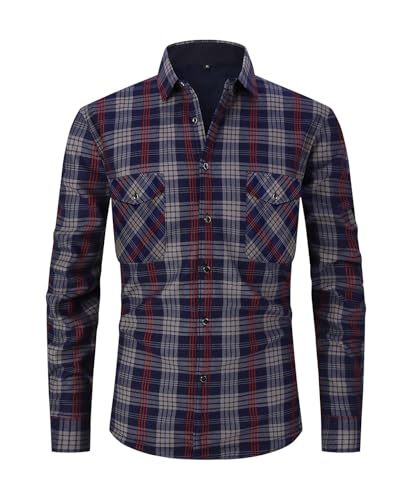 Askdeer Men's Flannel Fleece Jacket Sherpa Lined Winter Plaid Shirts Jacket Long Sleeve Thermal Coat With Pockets Gray Red