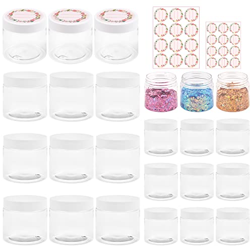 Qeirudu 24 Pack Clear Plastic Jars, 6 Oz & 2 Oz Empty Refillable Container With White Lids And Labels, Sugar Scrub Containers For Slime, Cosmetics, Cream, Lotion