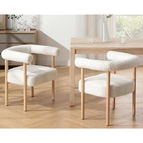 DAYALANE Mid Century Modern Dining Chairs Set of 2, Barrel Dining Room Chairs Upholstered Accent Chair with Arms, Sherpa Fabric Solid Wood Legs Accent Chairs Side Chairs for Living Room Kitchen, White Cover