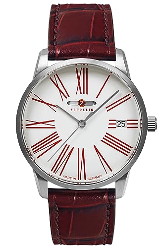 Zeppelin Ronda Women's Watch Quartz Date with Crocodile Look Leather Strap, 8347-5 White/Wine Red