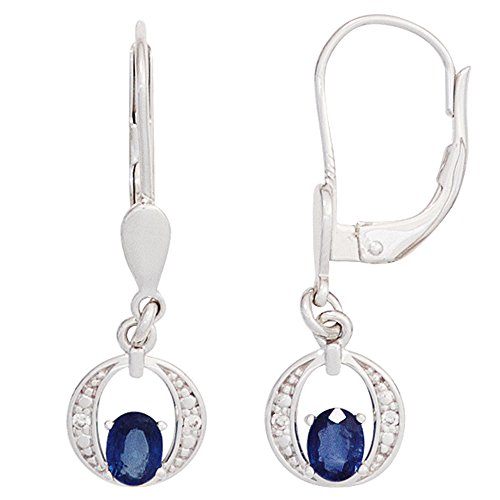 Jobo Damen-Ohrringe hängend aus 14 Karat 585 Weißgold mit Safir Oval und 4 Diamanten
