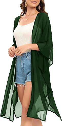 Image of Indian Trendy Women's Solid Puff Sleeve Kimono Long Cardigan Loose Cover Up Casual Blouse Top Chiffon
