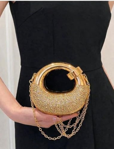 Image of Crystal Embellished Evening Clutch Bag with Curved Handle, Rose Gold Metallic Finish, Detachable Chain Strap, Mini Size