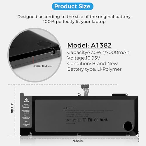 Image of A1286 Battery,A1382 Battery Replacement for MacBook Pro 15 Inch A1286 Early 2011 Late 2011 Mid 2012 EMC 2353 2563 2556 (Upgraded High Performance 10.95V 77.5Wh 7000mAh)