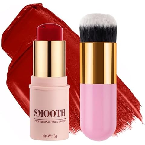 Multi-use Blush Stick, Monochromatic Face Beauty Wand for Cheek, Eyeshadow and Lip, Longwear Waterproof Matte Finish Cream Blush Makeup Stick with Brush for Women, 0.28oz (Hot Red #03) Cover