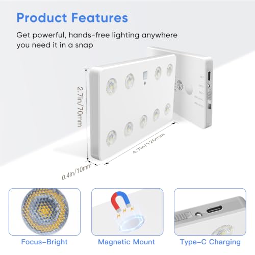 Image of VST 9-LED Motion Sensor Cabinet Light, Ultra-Thin Magnetic Under Cabinet Light, USB Rechargeable, Warm White, 2-Pack, Ideal for Cupboards, Gun Safe, Closet, Car Trunk, Kitchen, Garage,Pantry,Wardrobe