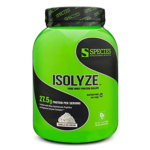 Species Nutrition Isolyze Whey Protein Powder, 100% Whey Isolate Protein, Whey Protein for Muscle Building, 27.5g Protein Per Scoop, No Sugar & Low Fat Protein (Vanilla Ice Cream, 44 Servings)