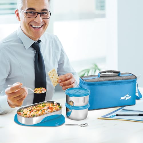 Image of MILTON Steel Smart Lunch Box (2 Round Inner Steel Containers 500ml Each, 1 Oval Container 675ml; Spoon) with Insulated Fabric Bag, Blue, Leak Proof, Odour Proof, Easy to Carry, Food Grade