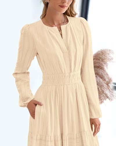 BTFBM Fall Dresses for Women 2025 Casual Long Sleeve V Neck Elastic Waist Lightweight Maxi Wedding Guest Dress Pockets