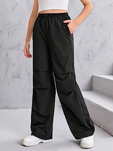 Image of WDIRARA Girl's Drawstring Waist Wide Leg Trousers Casual Pants with Slant Pocket Black 10-11Y