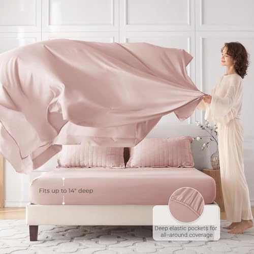 Image of MUXHOMO 7 Pieces King Comforter Set, Seersucker Bed in a Bag King Size, All Season Luxury Bedding Set with Comforter, Flat Sheet, Fitted Sheet, Pillowcases & Shams, Rose Gold