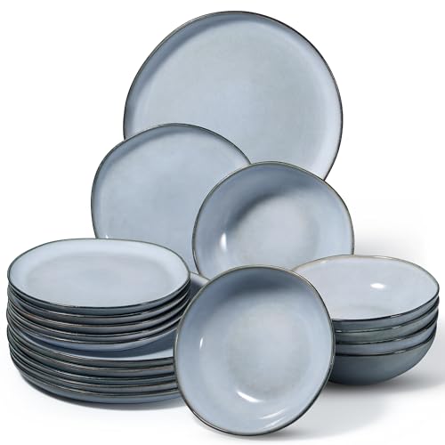 Onader Geschirrset 6 Personen, 18 Teiliges Tafelservice Steingut Set, Unregelmäßig Rund Müslischalen Dessertteller Speiseteller, Anti-Kratzer & Mikrowellenfest, Reaktives Neblig Blau