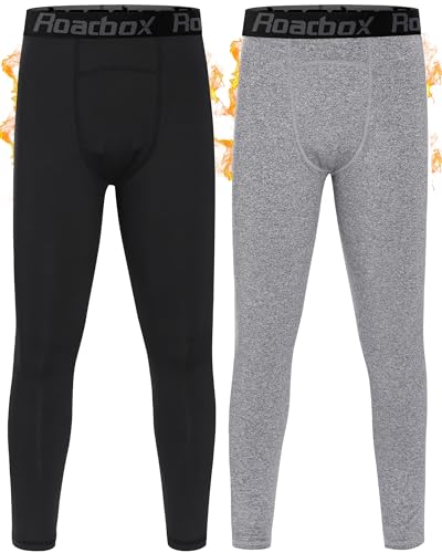 Roadbox Kids Fleece Lined Leggings - 2 Pack Boys Thermal Tights Youth Sports Basketball Compression Pants for Cold Weather