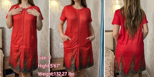 Image of Ekouaer Women Robes Lightweight House Coat Short Sleeve Floral Print Mumu House Dresses with Pockets Zipper Nightgowns