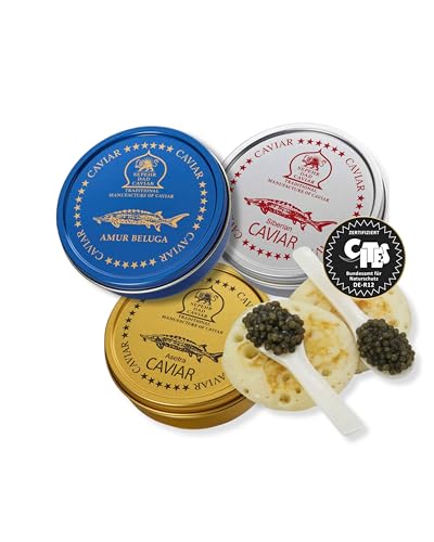 SEPEHR DAD CAVIAR Kaviar Set Premium I jeweils 30g Siberian Kaviar & Osietra Kaviar & Amur Beluga Kaviar I 2x Perlmuttlöffel & 1 Packung Blinis I hochwertige Kaviarsorten I Caviar-Probierset