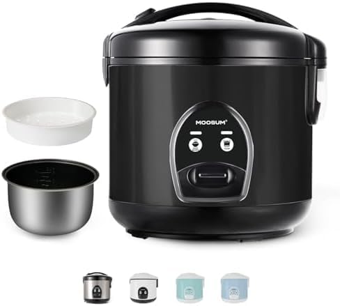 MOOSUM Olla Arrocera Electrica y Vaporera con Función de Mantenimiento del Calor, 1,8L - Para 3-10 Personas - Revestimiento de Cerámica - cuchara de arroz y vaso medidor, Negro