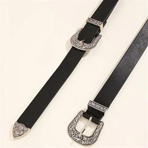 Women’S Vintage Carved Double Buckle PU Leather Belt Fashion Hip Hop Rock Y2K Style Solid Pattern 3Cm Width4