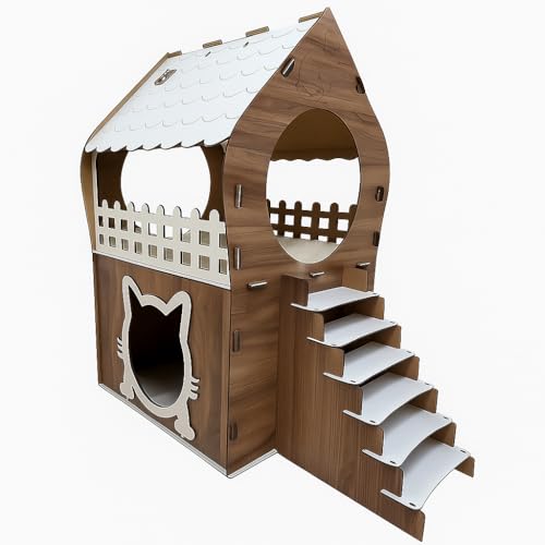 Jungengel Maison pour chat à 2 étages en MDF marron et blanc - Niche pour chat à deux étages - 38 x 68 x 66 cm - Montage sans outil - Villa d'intérieur...