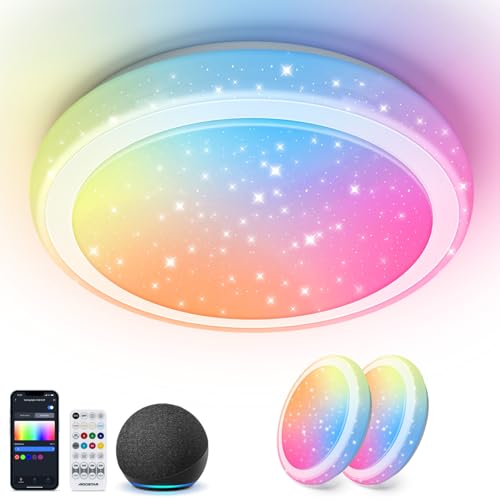 Aigostar Mesh- Plafon LED Techo Bluetooth Mesh, Φ39CM, 24W, 2650LM, 3000K-6500K y RGB regulable, IP44, Plafón LED Inteligente Compatible con Alexa, Lampara Techo para Salón/Dormitorio/Cocina, 2Uds