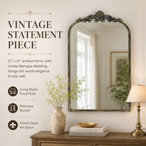 Image of Arched Wall Mirror, 21x31 inch Baroque Traditional Design, Antique Bronze