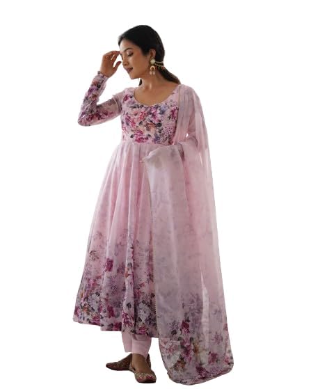 Image of KD Women's Floral Printed Georgette Anarkali Kurta Set With Dupatta, Traditional Salwar Suit, Long Sleeve Ethnic Dress