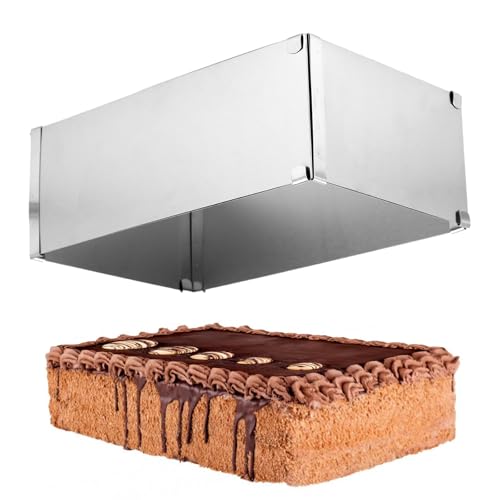Molde Extensible para Pasteles - Molde Ajustable para Tartas 28-53 x 18-32 x 10 cm - Acero Inoxidable - con Divisor, Horneado Uniforme y Tartas en Capas - Ideal para Repostería y Postres (Plata)