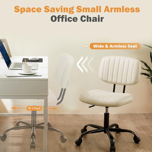 Image of Sweetcrispy Office Desk Chair, Small Vanity Chair, Lumbar Support | Armless PU Leather, Height Adjustable Rolling Swivel Task, Bedroom Home Student, Beige White