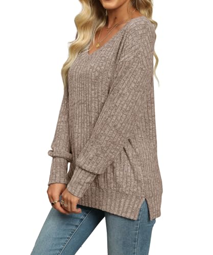 Image of Womens Sweaters V Neck Long Sleeve Shirts Loose Casual Fall Fashion Sweatshirts