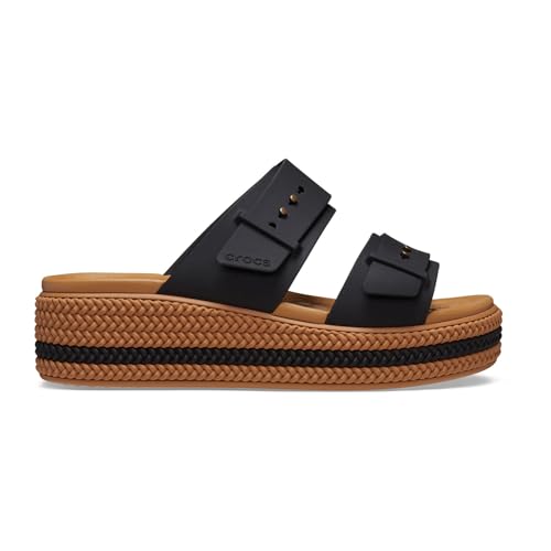 Image of Crocs Womens Brooklyn Buckle Low Wedge Black 9 Medium | Casual Sandals