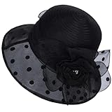 Lady Polka dots Organza Fascinator Sun Hats Women Kentucky Wide Brim Derby Bowler Hat for Tea Party Church Wedding Size:S-M Black