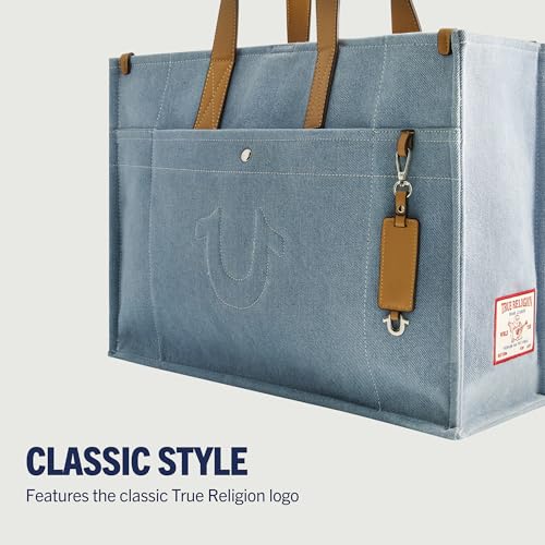 Image of True Religion Women's Large Tote Bag, Stitched Horseshoe Canvas Travel Carryall Shoulder Handbag