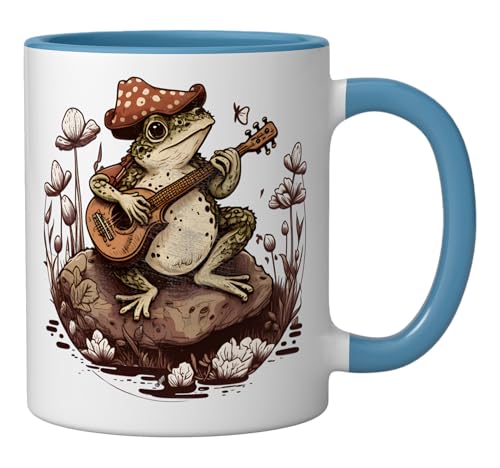 Taza de cerámica vintage con rana y hongo azul/blanco miniatura 2