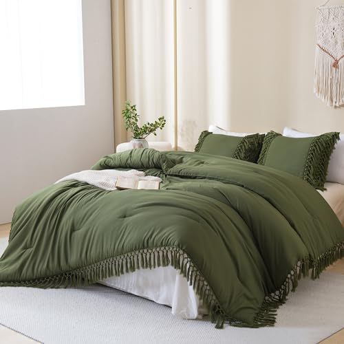 Image of Andency Olive Green Comforter Set Queen, 3 Pieces Boho Tassel Lightweight Soft Bedding Comforter Sets, All Season Fluffy Fringe Bed Set (90x90In Comforter & 2 Pillowcases)