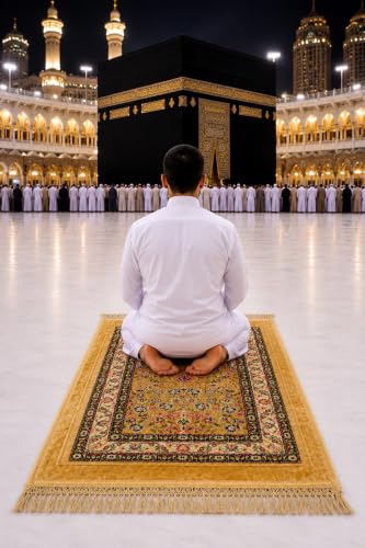Image of Janamaz Prayer Mat Turkey Soft Velvet | Namaz Mat, Janimaz Namaz Aasan, Islamic Prayer Rug for Salah | 70x110 CM (Printed Gold)