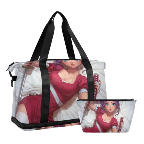 Bolsa de lona para vestido rojo Anime con bolsillo húmedo y correa ajustable multifuncional
