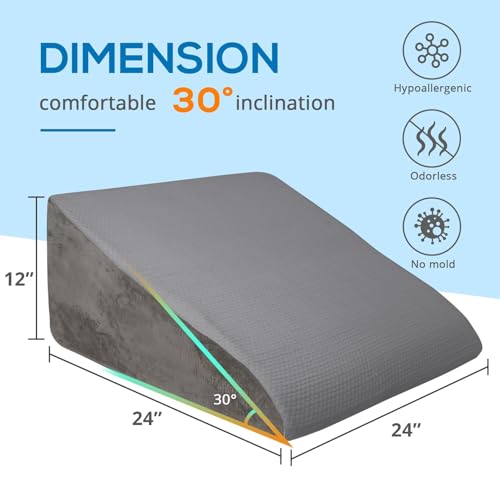 Image of Sasttie Wedge Pillow 24x24x12 inch, Memory Foam Bed Wedge, Solid Dark Gray | Triangle Pillow for Sleeping, Acid Reflux, Back Pain, Post-Surgery, and Snoring, Designed with Removable Washable Cover