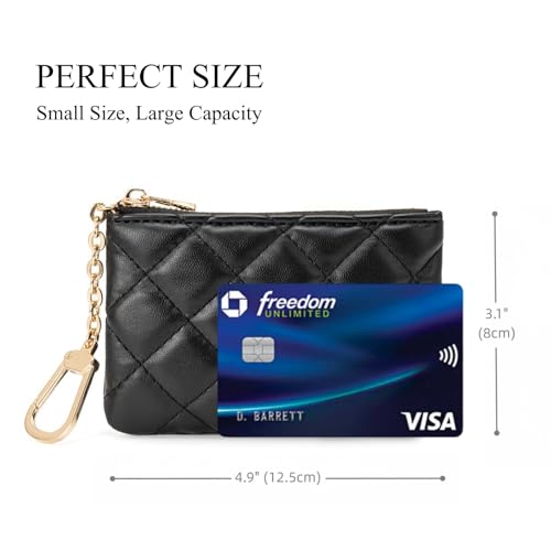 Quilted Leather Coin Purse with Keychain - Small Coin Pouch Key Pouch Small Card Holder Keychain Wallet Change Purse for Women and Men (Black)3