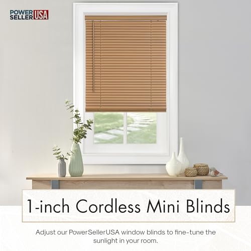 PowerSellerUSA 1\" Slats Cordless Window Blinds, 64L x 35W Inches Solid Pattern Light Filtering Vinyl Indoor-Outside Ceiling Mount Mini Blind, Manual Cordless Rollup Window Privacy Blinds, Woodtone