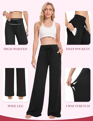 Image of Showitty 1 /3 Pack Women's Wide Leg Pants with Pockets, Casual Loose Pajama Palazzo Trousers Sweatpants for Yoga Lounge