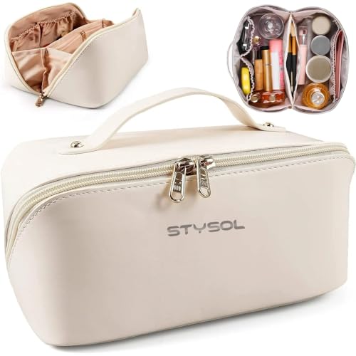 Image of Large Capacity Travel Cosmetic Bag, Leather Makeup Bag with Handle and Divider, Waterproof Cosmetic Bag, Portable Leather Toiletry Bag, Roomy Cosmetic Bag for Women & Girls(White)