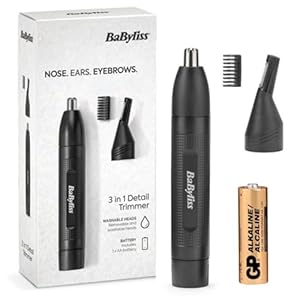 BaByliss 3-in-1 Hair Trimmer for Men, Eyebrow, Ear & Nose Trimmer, Grooming Kit with 2 Attachments, 2 Eyebrow Comb Guides, Battery-Powered, E652U