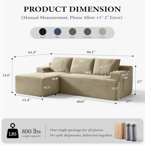 Image of 96 inch Sectional Couches for Living Room Cloud Couch Sofa with L-Shape Upholstered Boneless Couchs Modern Modular Sectional Couch with Chaise